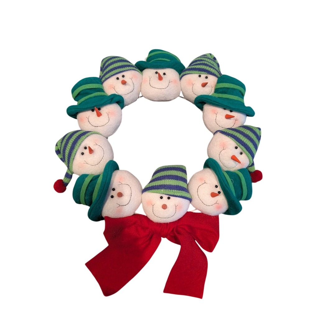 Ellen Crimi-Trent Snowman Plush Wreath Red Bow Green Blue Holiday Decor